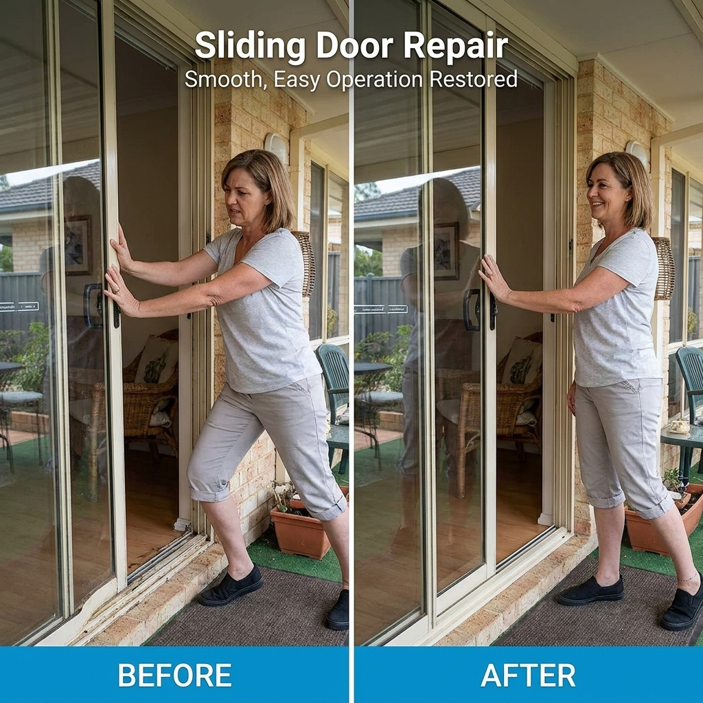 Side-by-side before and after of a sliding patio door repair: damaged rollers and dirty track on the left, smoothly aligned and gliding door on the right