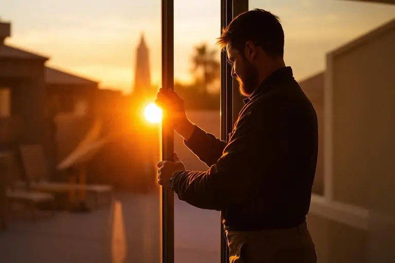 AZsliders.com technician kneeling on a Phoenix patio at golden hour, repairing a large residential sliding glass door with desert mountains in the background