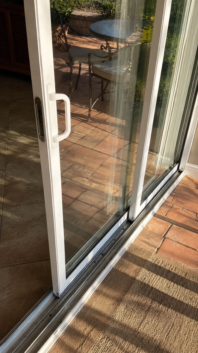 Technician using a level tool to precisely align and level a sliding door track in an Arizona home