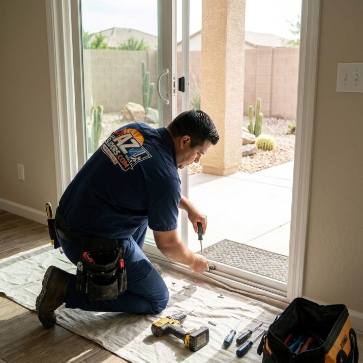 Close-up of a sliding patio door track being cleaned and straightened during professional repair