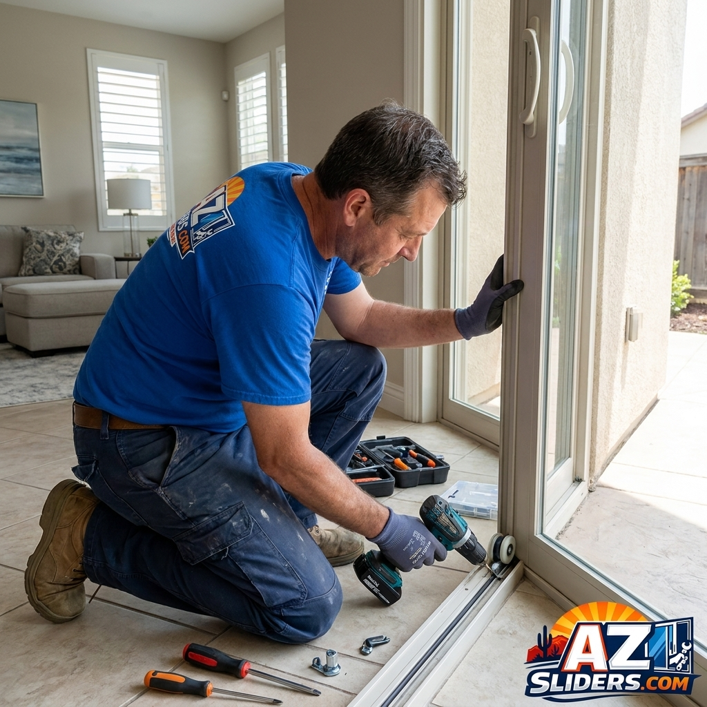 Smiling licensed AZsliders.com technician in branded uniform repairing a residential sliding glass door at a Phoenix home, with tools laid out on the patio