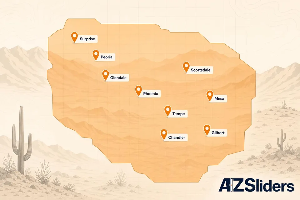 Branded AZSliders Phoenix Metro service area map with orange markers on Phoenix, Scottsdale, Mesa, Tempe, Chandler, Gilbert, Glendale, Peoria, and Surprise